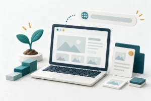 パソコンと芽で表した、初めてのWordPress開設